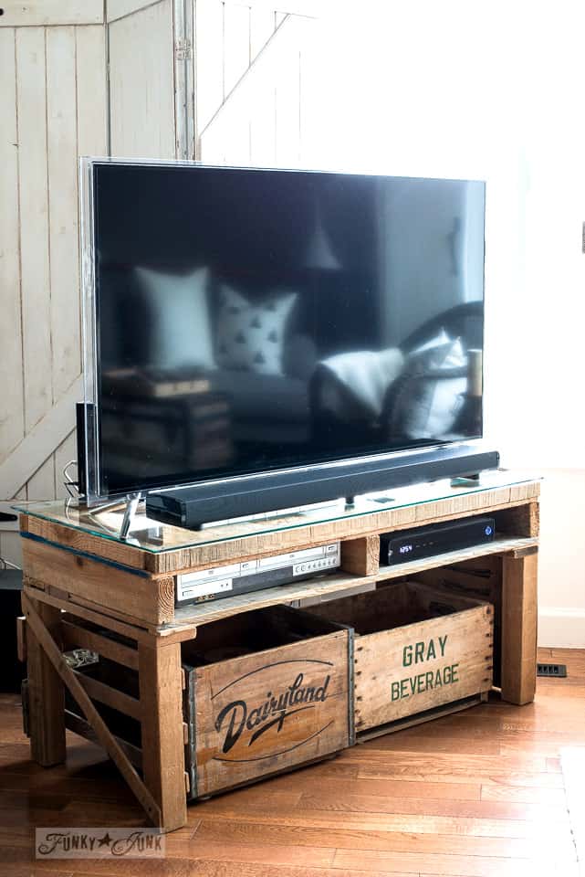 Rustic Glass Top Pallet Wood TV Stand